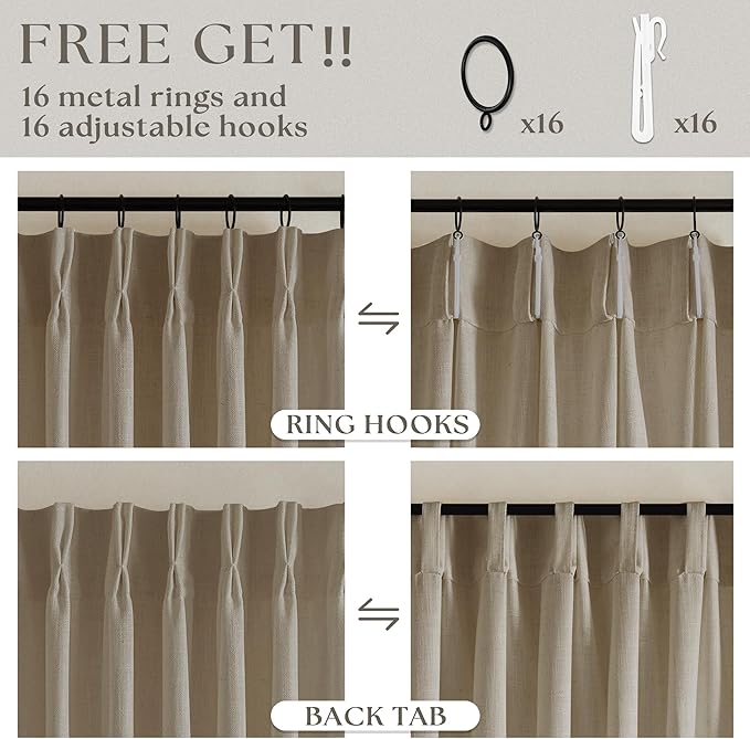Pinch Pleated Linen Gray Beige Semi Sheer Curtains 102 Inches Long 2 Panels | - Image 5