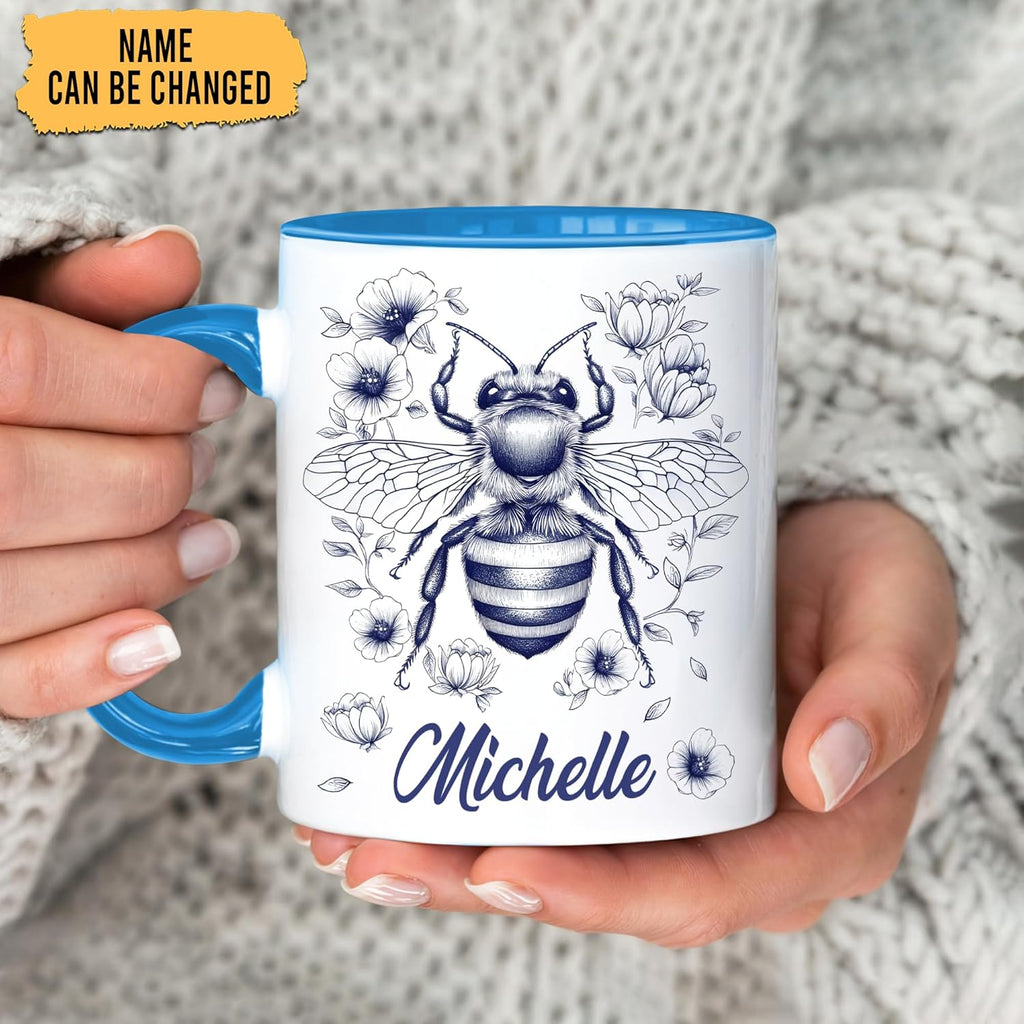 Hyturtle Personalized Floral Bee Mug - Bee Keeper Gifts For Women Lovers Teacher - Honey Gifts For Beekeeper Farmer On Birthday - Queen Honeycomb Decor - Custom Coffee Cup Ceramic Mug 11 Oz 15 Oz