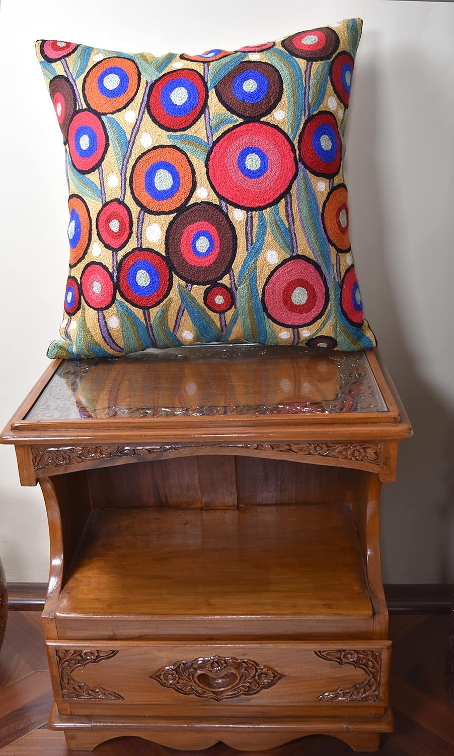 Yellow Floral Poppy Pillow Cover - Red Floral Outdoor Pillowcase - Suzani Accent Pillow - Flower Accent Cushions - Hand Embroidered Wool - Size 18x18