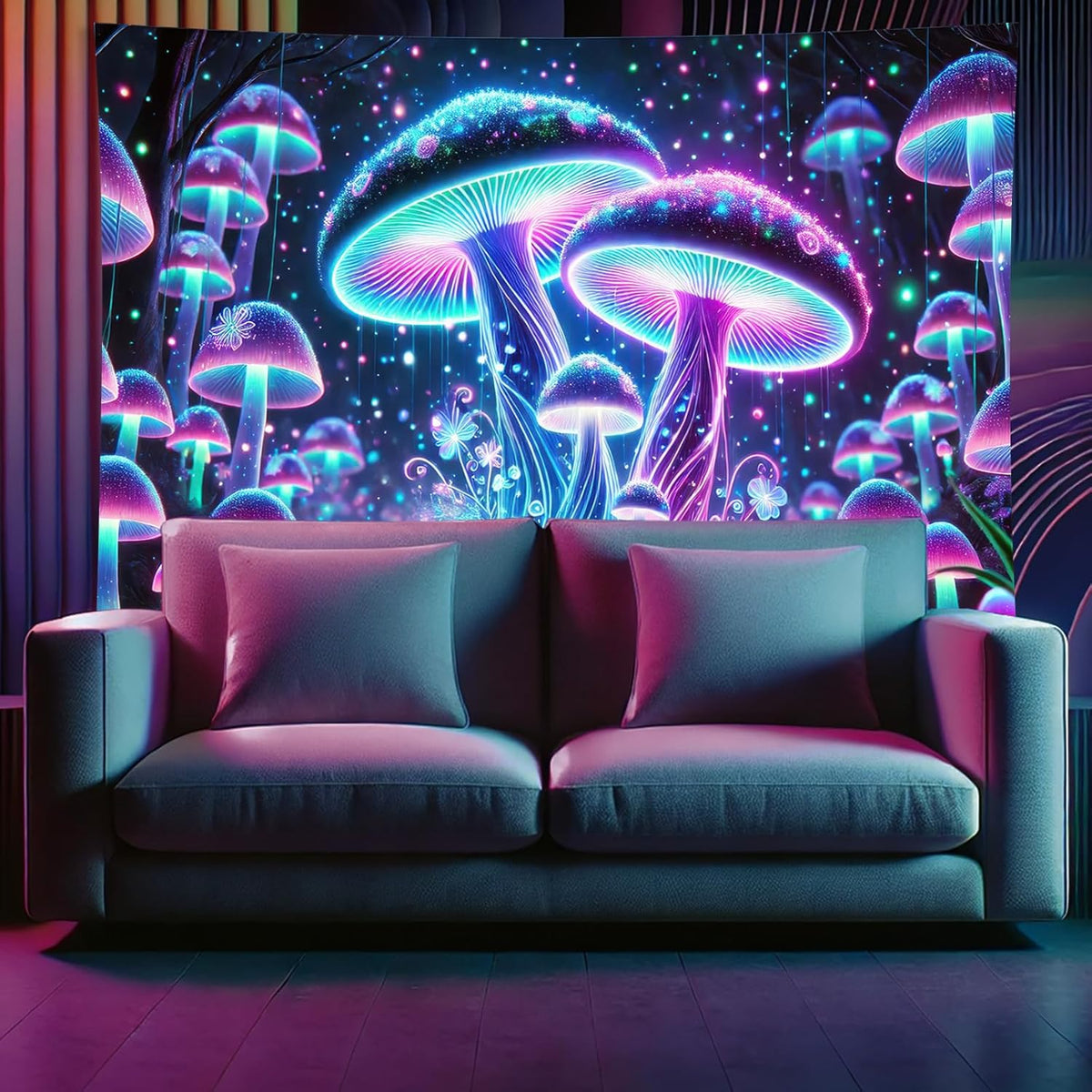 Starlit Patio Blacklight Mushroom Tapestry UV Reactive Trippy Glowing Wall Hanging Tapestry for Bedroom Living Room Dorm Aesthetic Psychedelic Forest Decor Fluorescent Poster Large 78 x 59 Inch