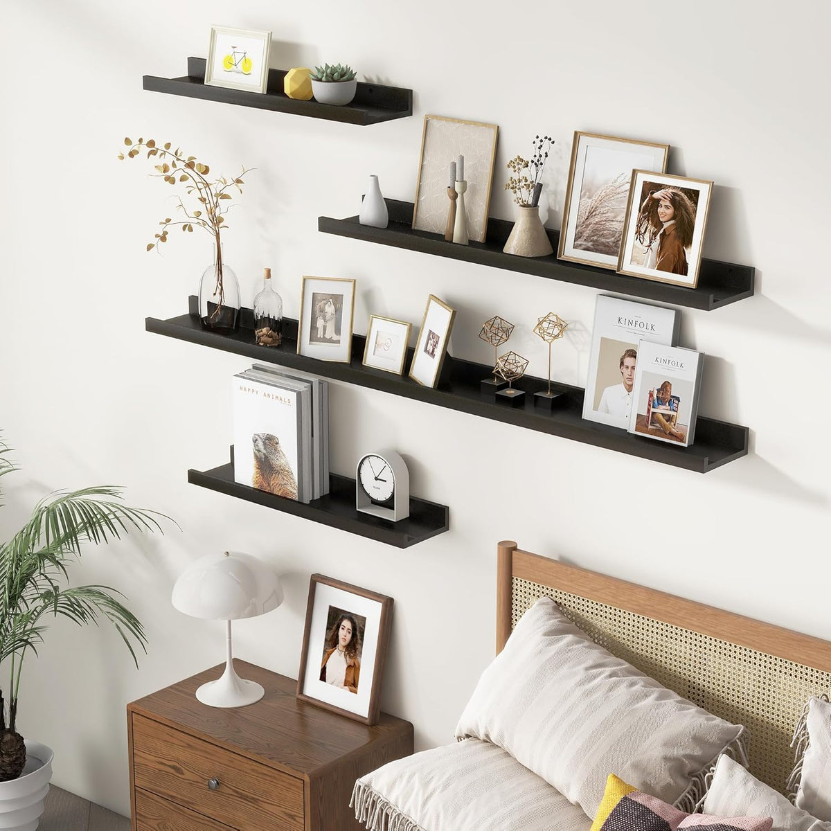 Picture Ledge Wall Shelves 24 inches Width Set of 3, Solid Pine Wood Rustic Floating Ledge Shelves for Kids' Room Bedroom Kitchen Bathroom Living Room Nursery Display Wall Decor, Black