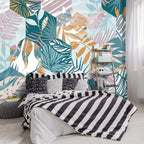 -Abstract Geometry Botanical Banana Leaf Fabric Wallpaper Living Room Bedroom Bathroom Tropical Plant Leaf Wall Mural- 91"x65"（ not Peel and Stick）
