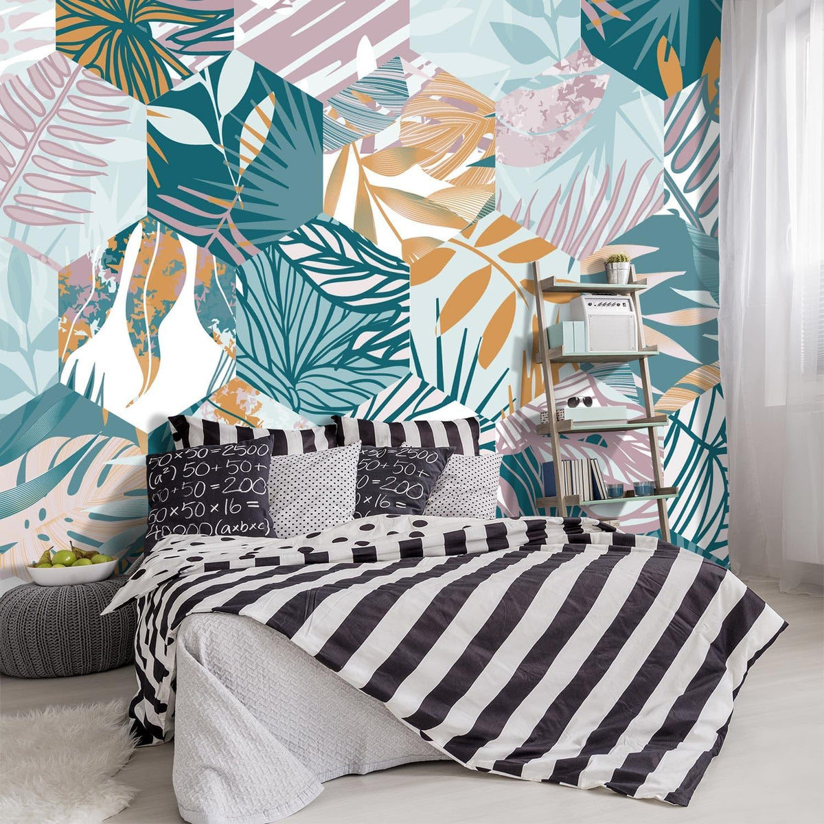 -Abstract Geometry Botanical Banana Leaf Fabric Wallpaper Living Room Bedroom Bathroom Tropical Plant Leaf Wall Mural- 91"x65"（ not Peel and Stick）