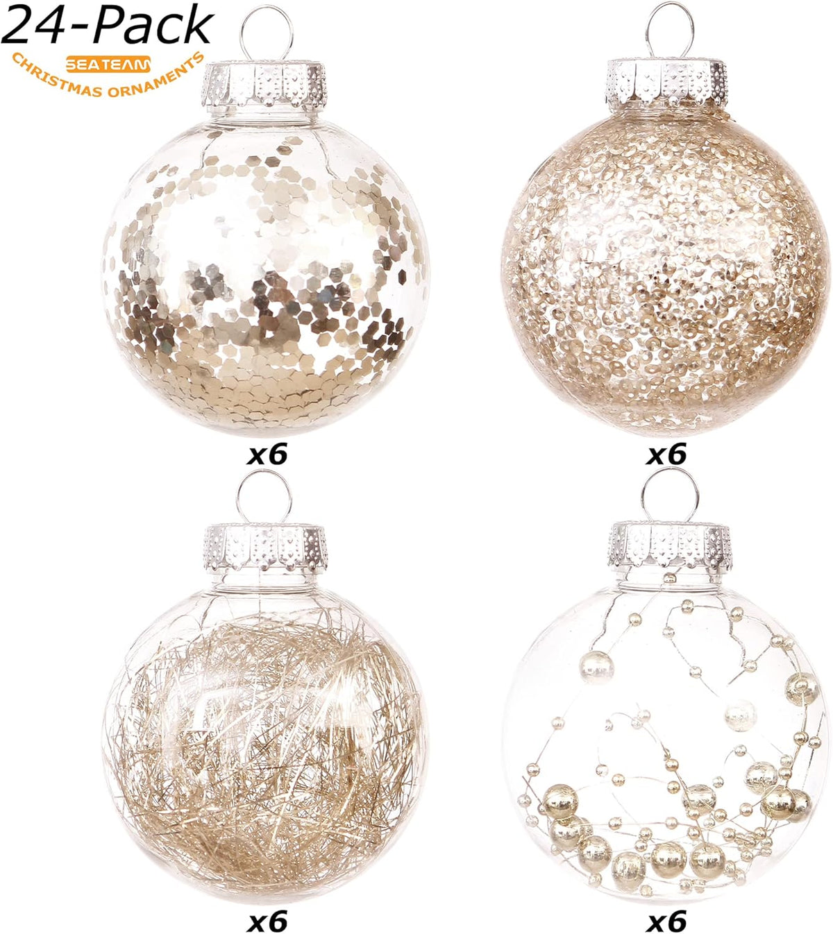 Sea Team 70mm/2.76" Shatterproof Clear Plastic Christmas Tree Ball Ornaments Set, Decorative Hanging Transparent Xmas Baubles with Stuffed Delicate Decorations (24 Counts, Champagne)