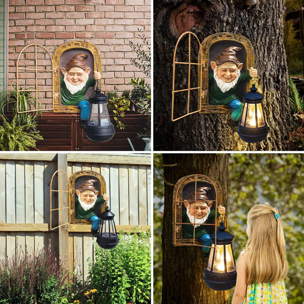 Whimsical Fairy Garden Gnomes with Solar Lights-10 Elf Out The Door Tree Hugger Garden Statues-Outdoor&Yard Decor-Tree Face Sculpture,Ideal Halloween Gifts - Yard Art for Patio,Fence,Wall