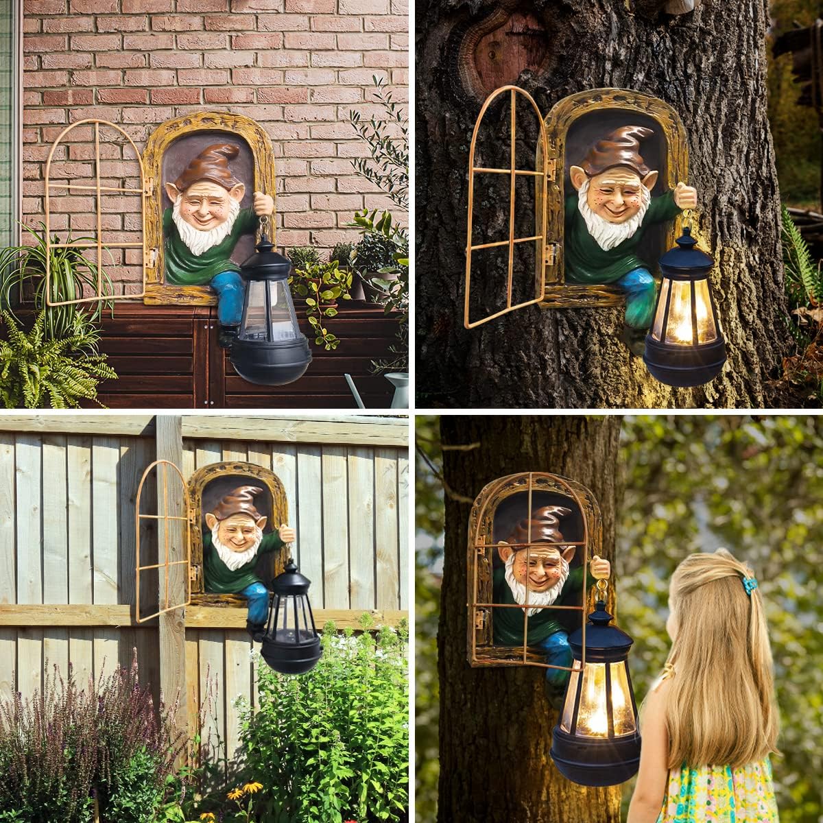 Whimsical Fairy Garden Gnomes with Solar Lights-10 Elf Out The Door Tree Hugger Garden Statues-Outdoor&Yard Decor-Tree Face Sculpture,Ideal Halloween Gifts - Yard Art for Patio,Fence,Wall