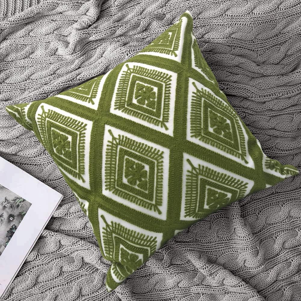 Alysheer Embroidered Decorative Throw Pillow Covers 18x18 inches Set of 2 Pieces, Boho Geometric Modern Chic Classic Pattern Cotton Cushion Cases for Sofa Couch Bed Living Room(Olive Green)