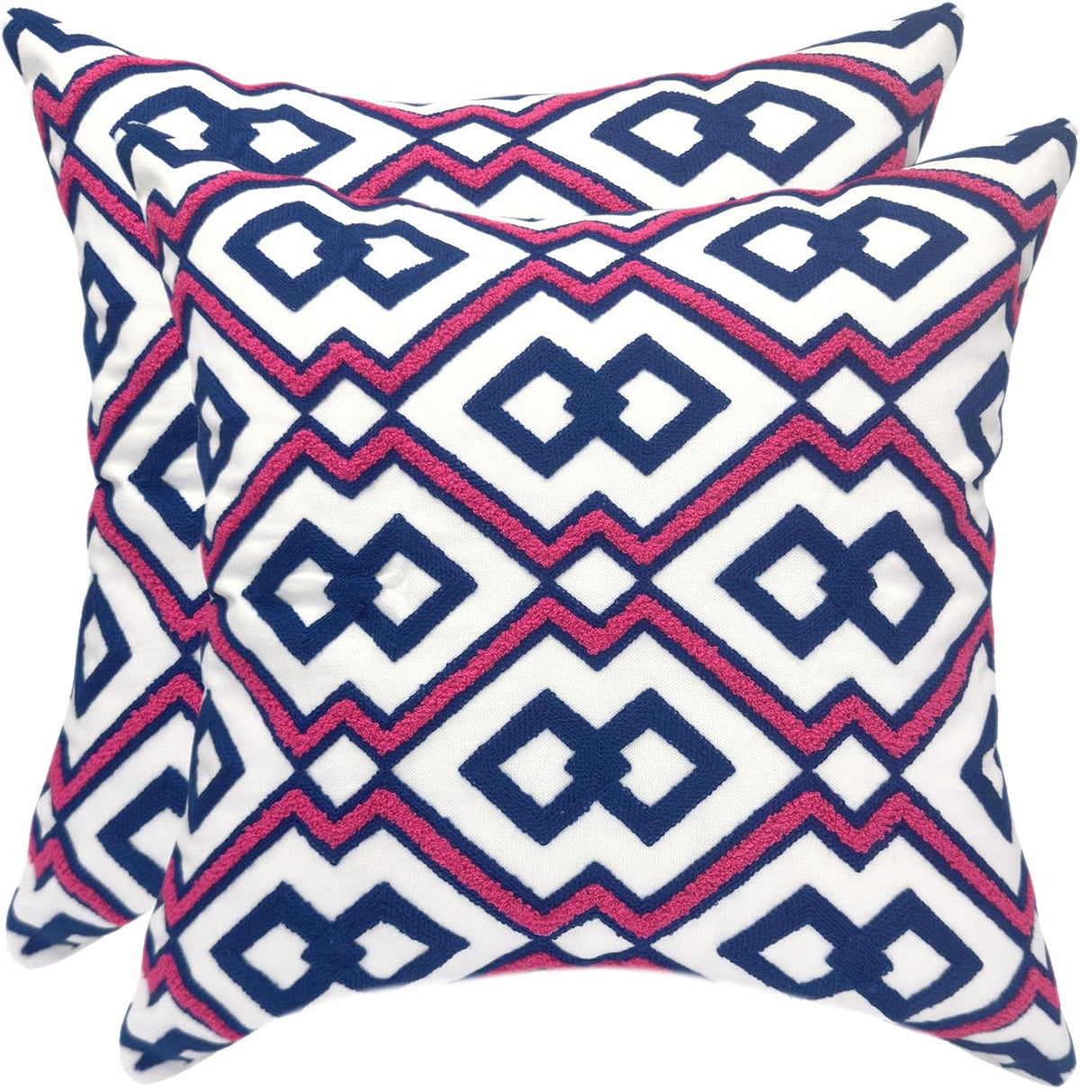 Alysheer Embroidered Decorative Throw Pillow Cover 18"x 18" Set of 2, Classic Boho Geometric Embroidery Pattern Cotton Rectangular Cushion Case for Sofa Couch Living Room Bedroom (Blue Pink)