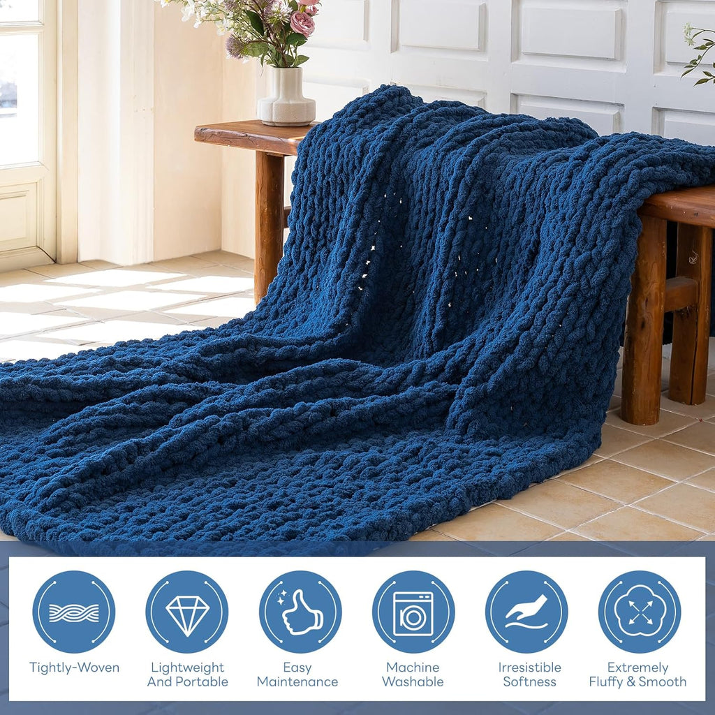 Chunky Knit Blanket - Luxury Soft Cozy 50 * 60 Throw Blanket,100% Woven Blanket Rope Knot Throw Blanket for Couch, Sofa, Home Decor, Gift - Machine Washable（Deep Blue）
