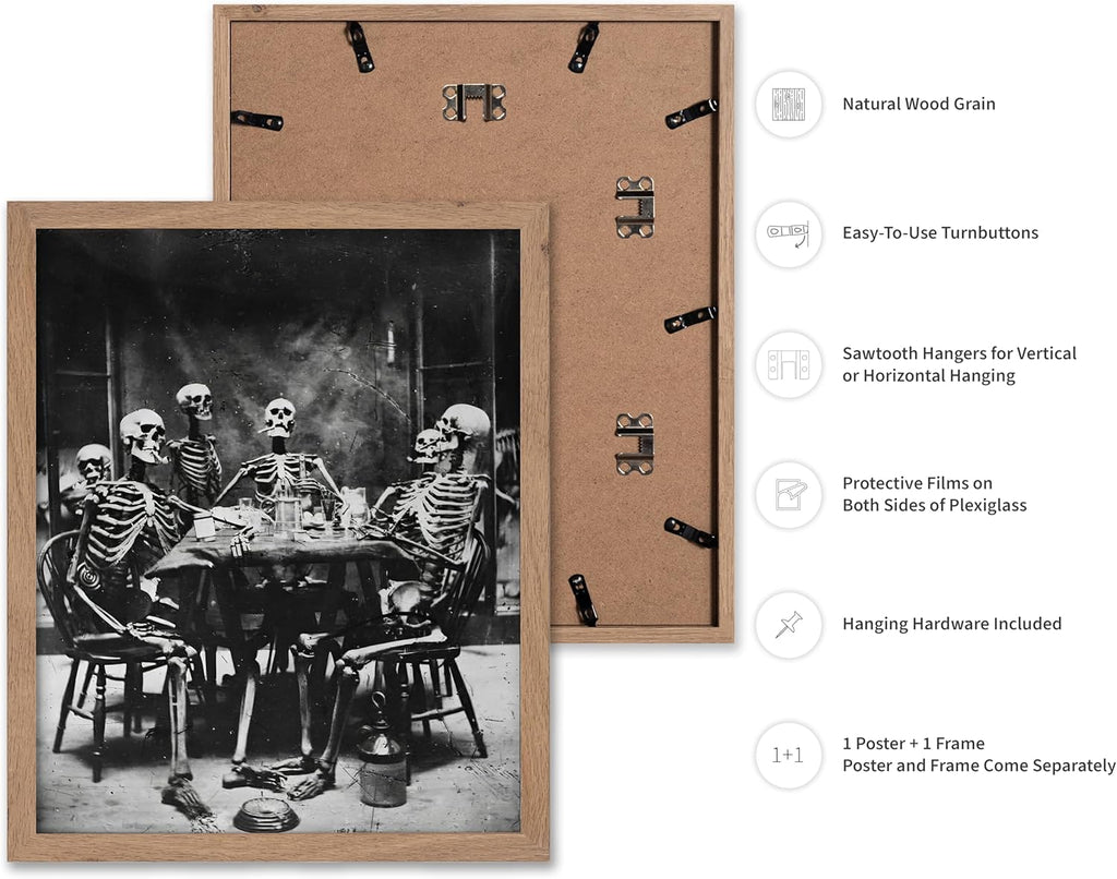 Poster Master Vintage Photograph Poster - Retro Daguerreotype Print - Gift for Artist, Friend - Skeletons Smoking at Table, Dinner Party, Goth - Wall Decor for Home, Dorm, 8x10 Beige Framed