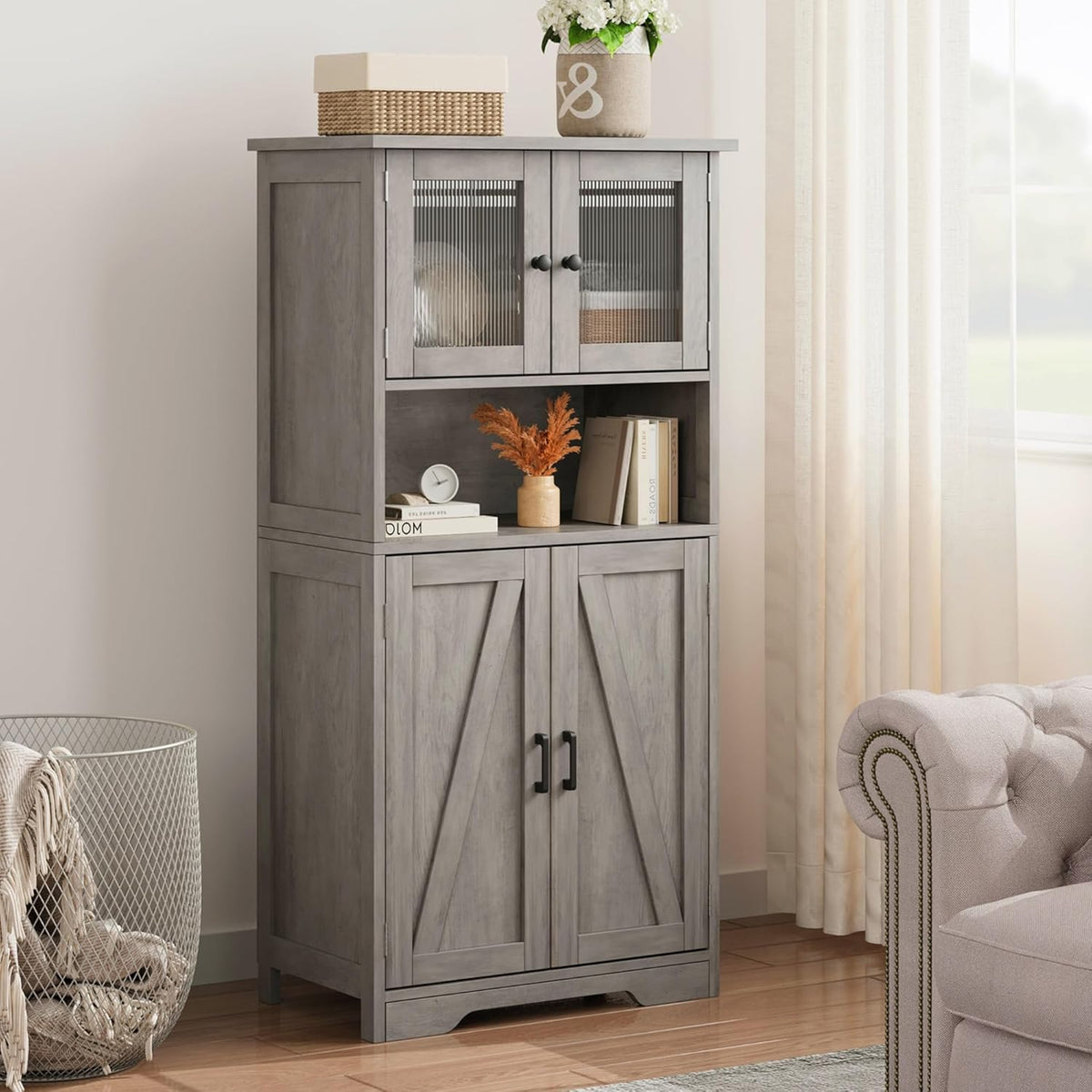 GarveeHome 54in Tall Bathroom Cabinet, Farmhouse Storage Cabinet with Glass Doors and Adjustable Shelves, Freestanding Kitchen Pantry Cabinets, Cupboard for Living Room, Dining Room, Gray