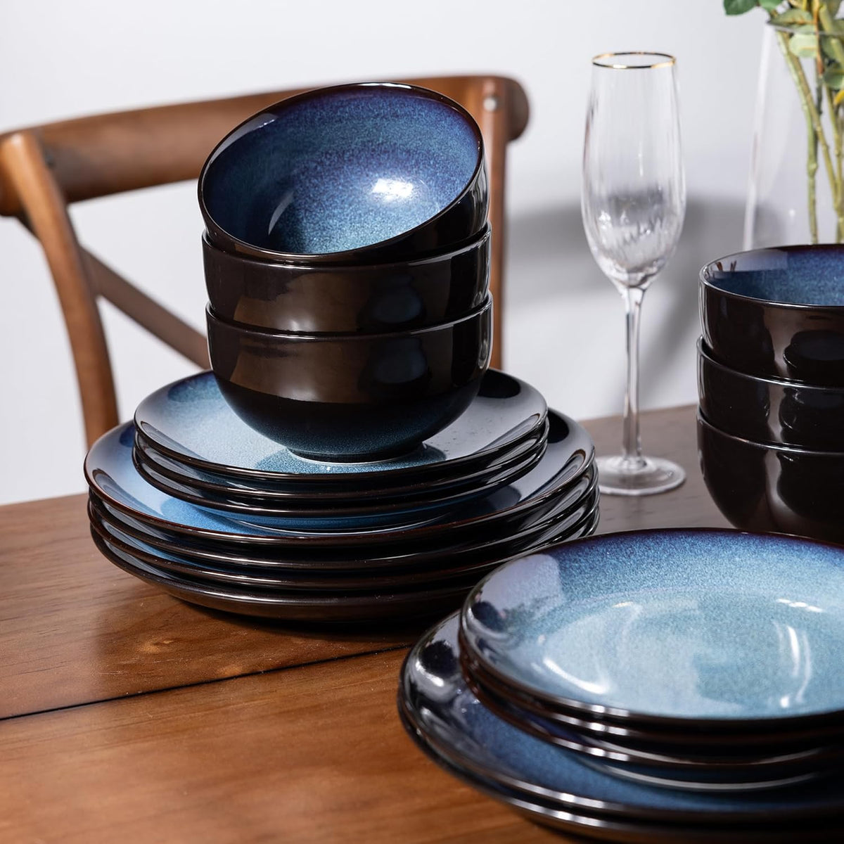 LeRatio Ceramic Dinnerware Sets for 6,Plates and Bowls Sets,Handmade Reactive Glaze Dishes Set,Chip Resistant and Scratch Resistant | Oven&Dishwasher & Microwave Safe-Blue(18PCS)