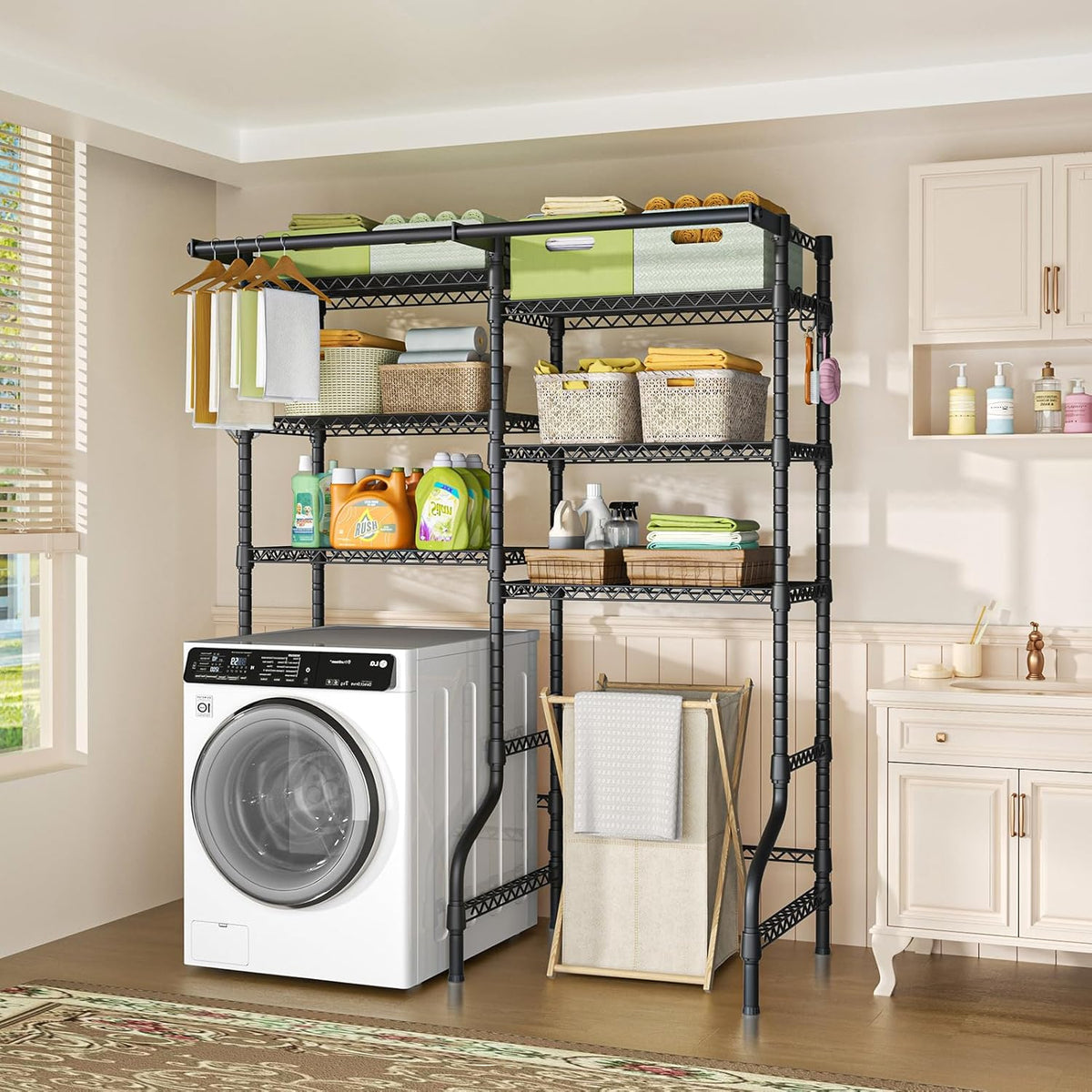 Ulif U13 Medium Over Washer and Dryer Storage Shelves, 6 Tiers Laundry Room Standing Shelf with 2 Hanger Rods, Space Saver Clothes Drying Rack, 57.8" W x 22" D x 77.4" H, Black
