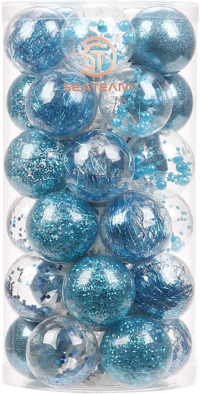 Sea Team Shatterproof Clear Plastic Christmas Ball Ornaments Decorative Xmas Balls Baubles Set with Stuffed Delicate Decorations (50mm/1.97"/30-Pack, Babyblue)
