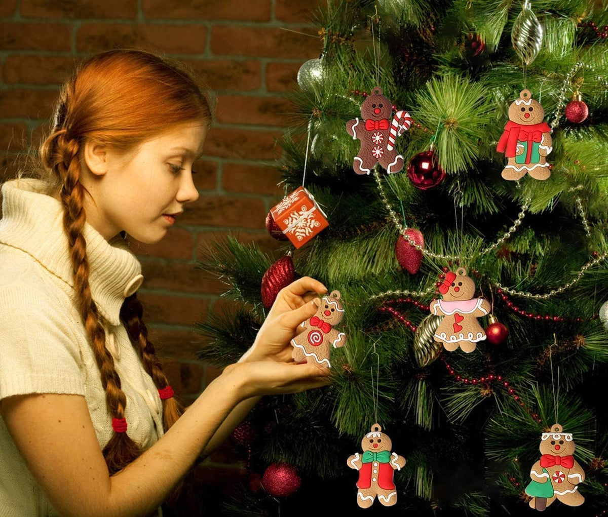 24pcs Gingerbread Man Ornaments for Christmas Tree, Assorted Gingerbread Figurines Ornaments, Christmas Tree Hanging Decorations, 3 Inch Tall