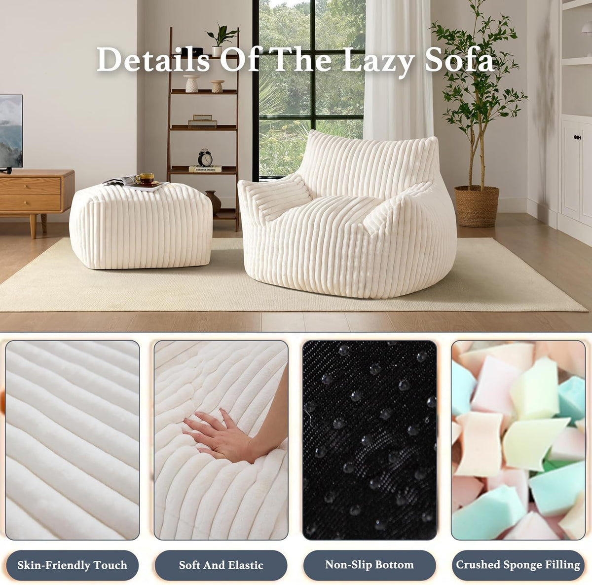 Oversized Bean Bag Chaise Lounge Chair Indoor for Adults with Armrests & Ottoman - Giant Comfy Beige Beanbag Lazy Floor Sofa Cloud Accent Chair for Reading, Gaming, Cozy Fluffy Cloud Mini Couch