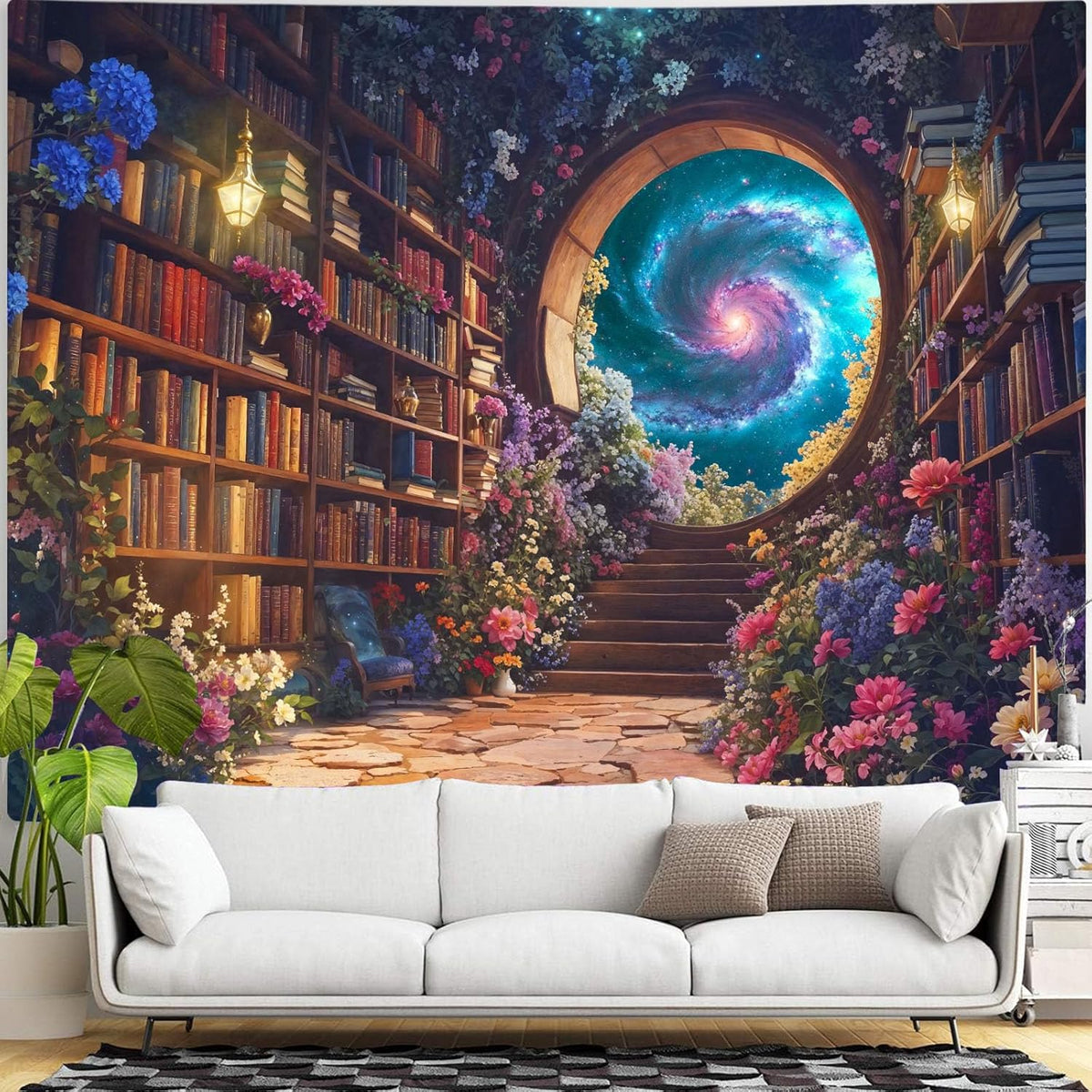 Accnicc Floral Bookshelf Tapestry Fantasy Library Tapestries Wall Hanging Vintage Plant Flower Book Extra Large Tapestry for Bedroom Living Room Dorm 90 x 68 inch