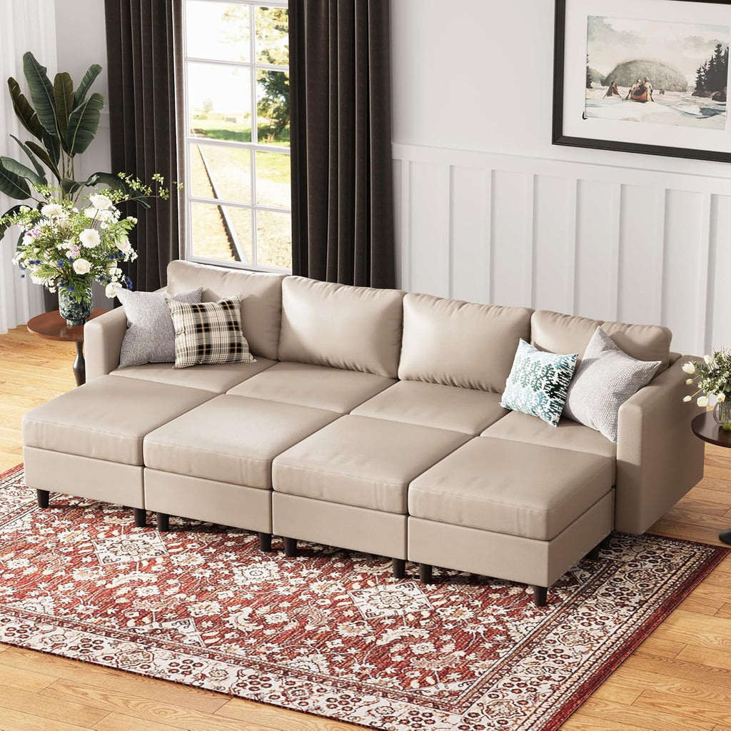 118.5" Luxury Modular Sleeper Sofa Bed with Storage Seat, 8 Seat Sectional Couch Deep Seat with Reversible Chaises & Removable Cover - Whitesand Faux Leather