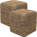 REDEARTH · Cube Pouf Foot Stool Ottoman - Jute Braided Pouffe Poof Accent Sitting Footrest for The Living Room, Bedroom, Nursery, Lounge 50% Jute 50% Cotton Set of 2 (14.5”x14.5”x16”; Natural Black)