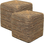 REDEARTH · Cube Pouf Foot Stool Ottoman - Jute Braided Pouffe Poof Accent Sitting Footrest for The Living Room, Bedroom, Nursery, Lounge 50% Jute 50% Cotton Set of 2 (14.5”x14.5”x16”; Natural Black)