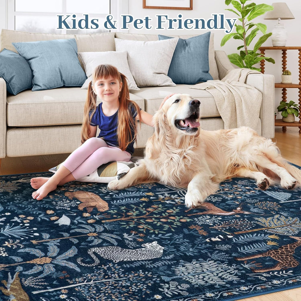 OJIA Jungle Print Blue 5x7 Rugs for Living Room, Soft Ultra-Thin Washable Area Rugs for Bedroom Non-Slip Modern Entryway Rug Non Shedding Indoor Carpet Kids Rugs for Playroom Nursery Classroom