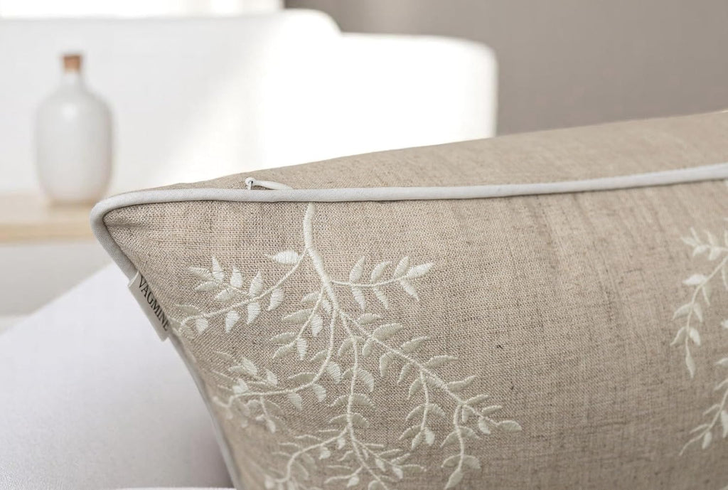 VAGMINE Embroidered Leaves Throw Pillow Cover - 20x20 Inches Square - 100% Linen Natural Throw Pillowcase - Elegant Neutral Leaf Design - Minimalist Rustic Home Accent for Sofa, Bed, Couch, Lounge