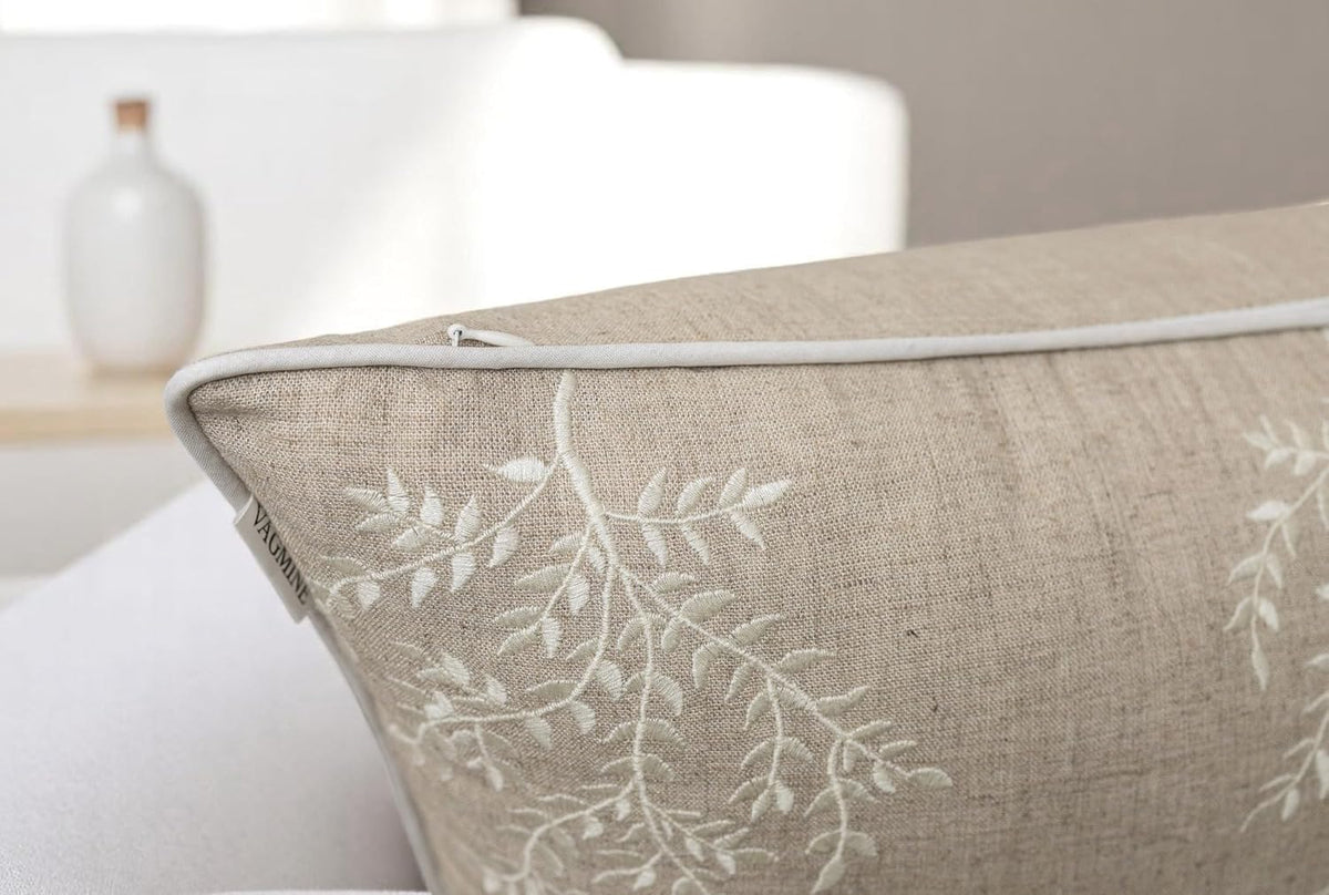 VAGMINE Embroidered Leaves Throw Pillow Cover - 20x20 Inches Square - 100% Linen Natural Throw Pillowcase - Elegant Neutral Leaf Design - Minimalist Rustic Home Accent for Sofa, Bed, Couch, Lounge