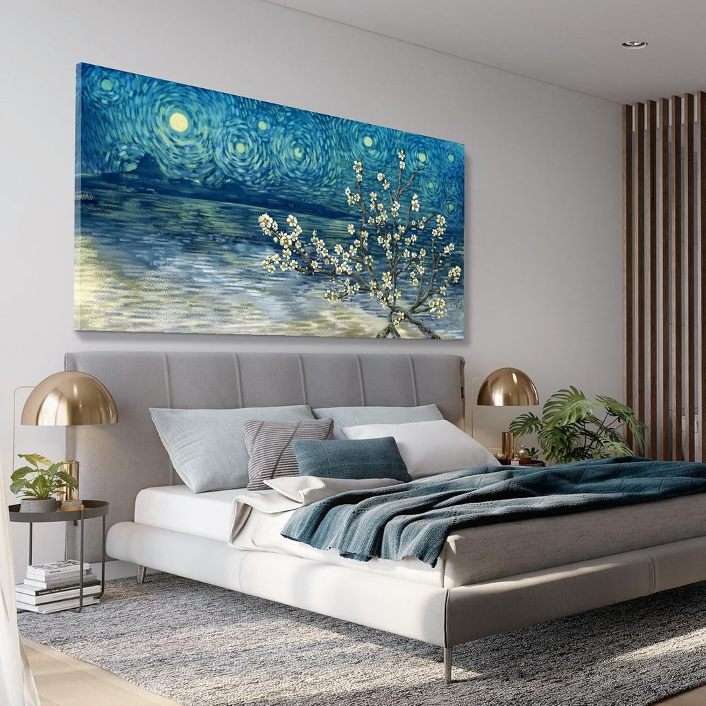 amatop Extra Large Wall Art Floral Tree Canvas Print for Living Room Bedroom Office– Oversized Plum Blossom Lake Landscape Picture Modern Blue Teal Nature Artwork Decor 58x29 Inch