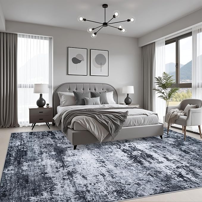 5x8 Area Rug Living Room: Modern Washable Indoor Carpet Black | - Image 4