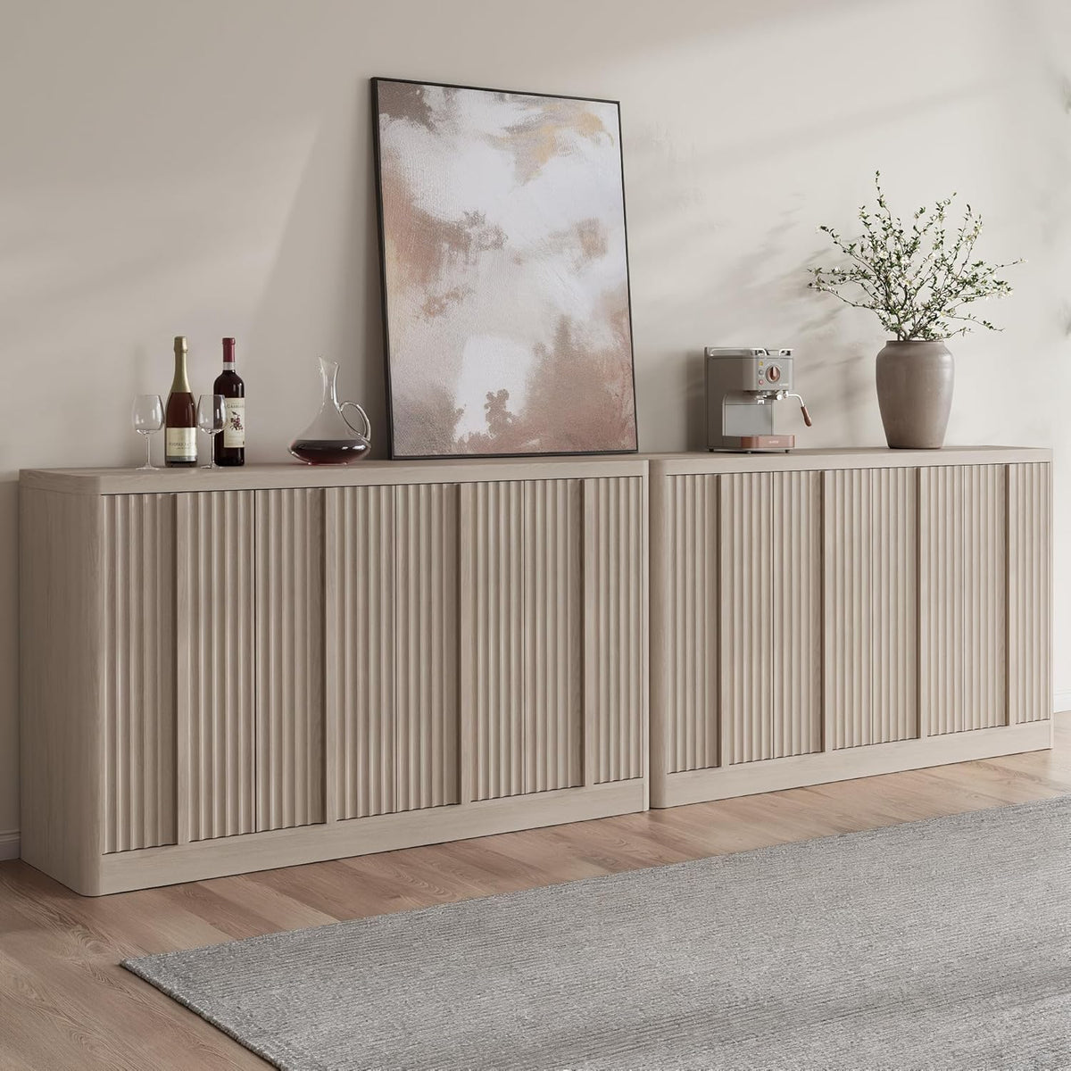 Fluted Buffet Cabinet with Storage, 120" Sideboard Buffet Storage Cabinet with 8 Doors & Solid Wood Handle, Coffee Bar Wood Credenza Cabinet for Kitchen, Dining Room, Living Room, Natural Oak(2PCS)