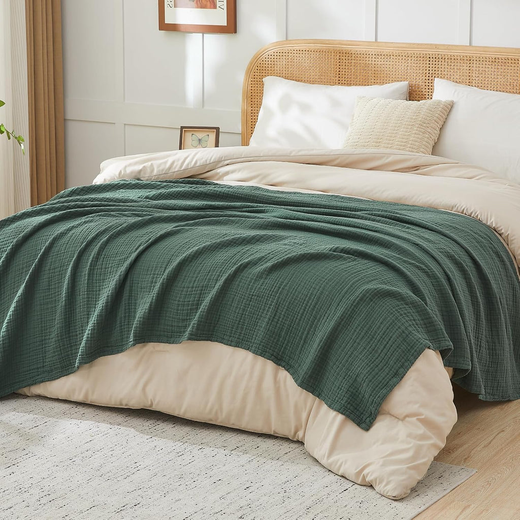 EMME Cotton Muslin Large Throw Blanket Couch Breathable Gauze Blanket Soft Lightweight Bed Blankets Adults (Forest Green, 50"x70")