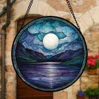 Stained Glass Window Hanging, Blue Night Moon Lake Sun Catchers Colorful Glass Panel Landscape Suncatcher Decor for Birthday for Women, Men, Wife, Aunt, and Mom 7.8 in