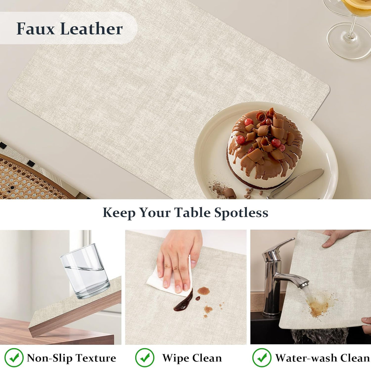 FROMHEART Faux Leather Placemats Set of 4–Waterproof,Heat/Oil Stain-Resistant PU Table Mat–Reversible,Non-Slip,Easy to Clean Place Mats for Kitchen,Dining,Indoor/Outdoor,(Beige,11.8" x 17")