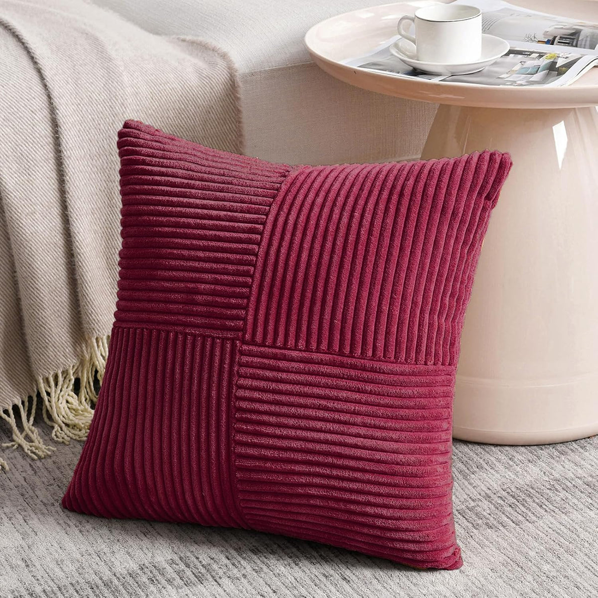 Fancy Homi 2 Packs Burgundy Euro Decorative Throw Pillow Covers 28x28 Inch for Bed, Rustic Farmhouse Boho Home Decor, Soft Corss Corduroy Patchwork Textured Square Cushion Case 71x71 cm