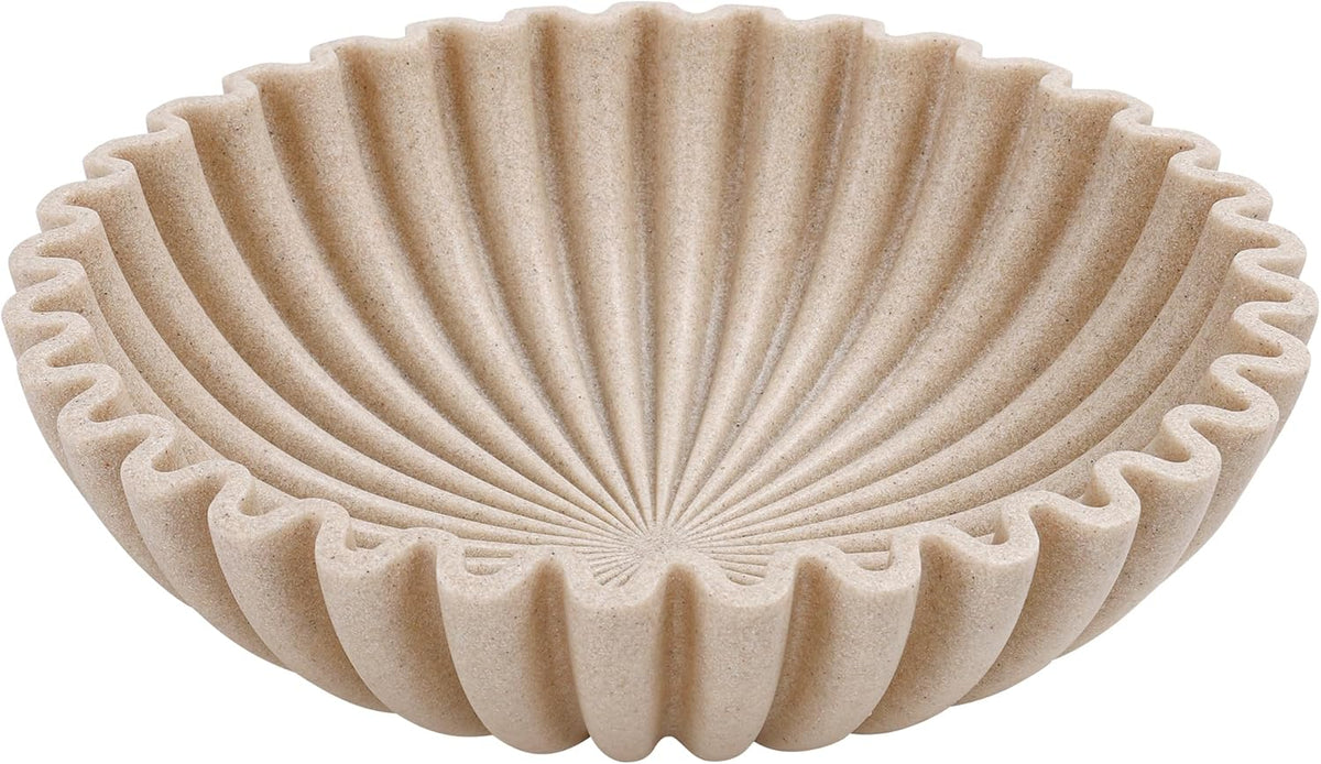 Large Decorative Bowl, Modern Handicraft Bowls for Home Decor, Decorative Fruit Bowl for Kitchen Counter, Ruffle Decor, Stylish Key Bowl for Entry Table, Artificial Stone Beige