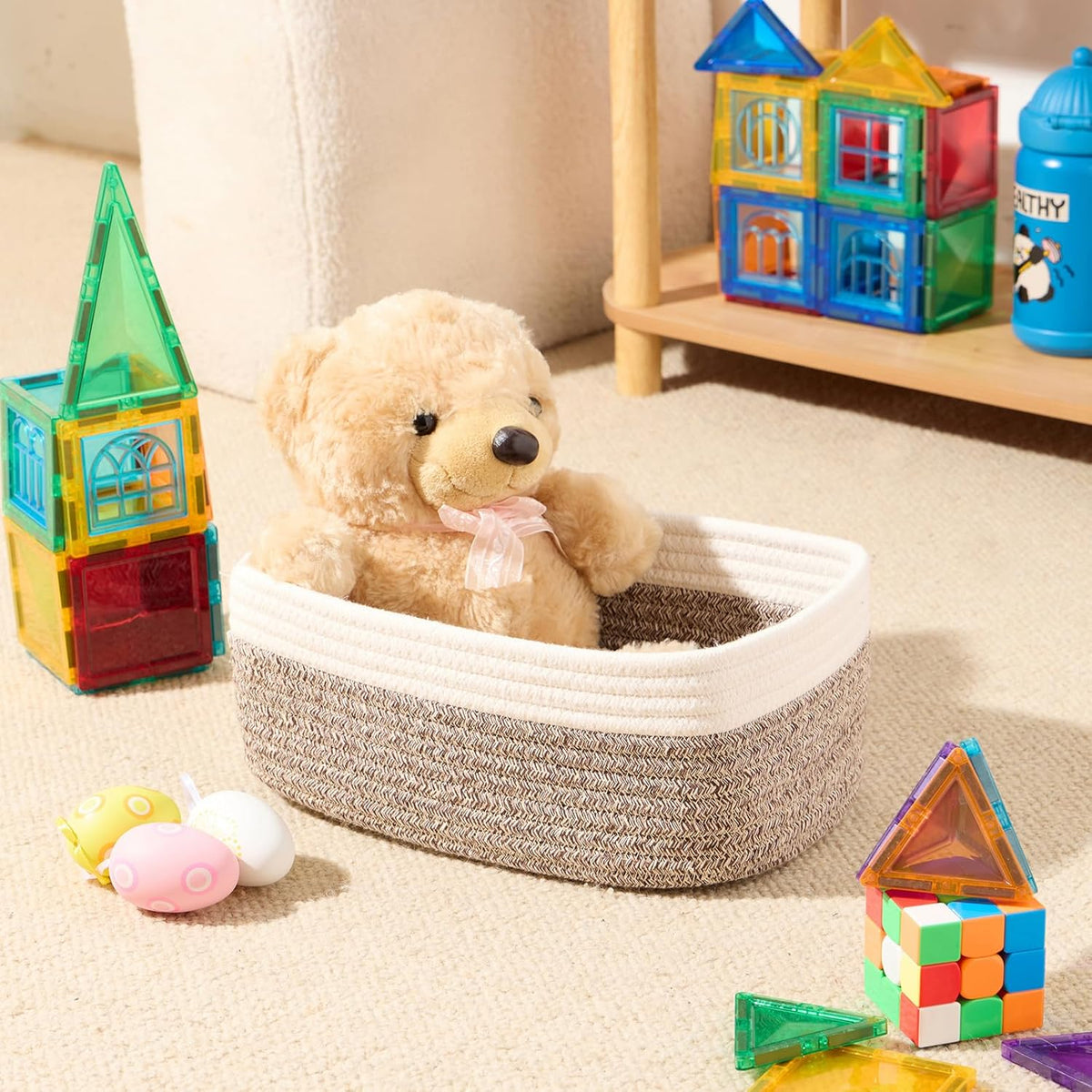 Small Storage Baskets for Organizing | Closet Organizer Bins | Shelf Toy Basket | Woven Rope Baskets | Cube Decorative Box | Shallow Basket | 11.5x7.5x4.7” | 4 Packs White Brown