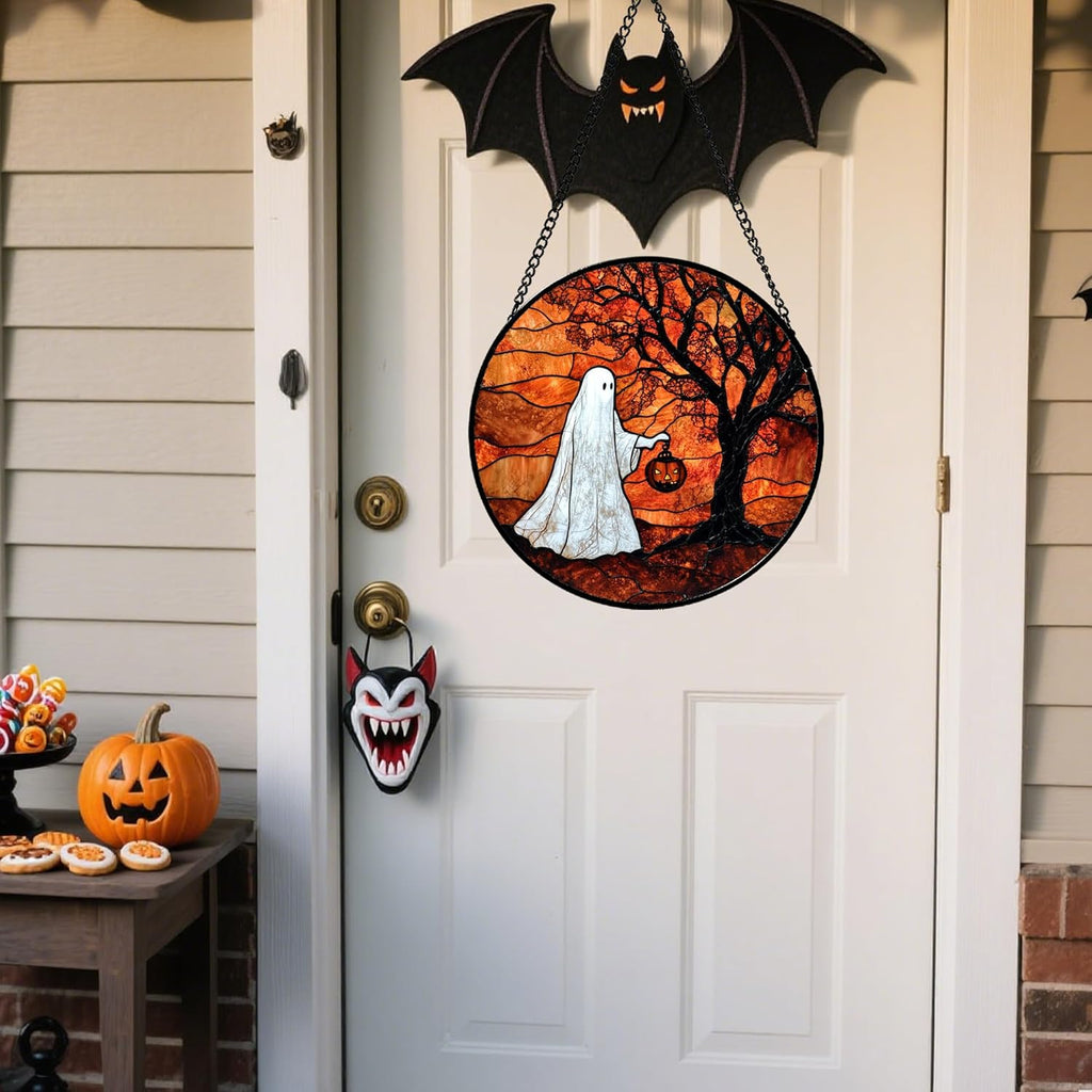 Stained Glass Window Hanging - Halloween Ghost Holding A Pumpkin Lantern Suncatcher for Door Garden Spooky Tree Sun Catchers Gothic Decorations Horror Gifts for Women Men Friend 11.8 in