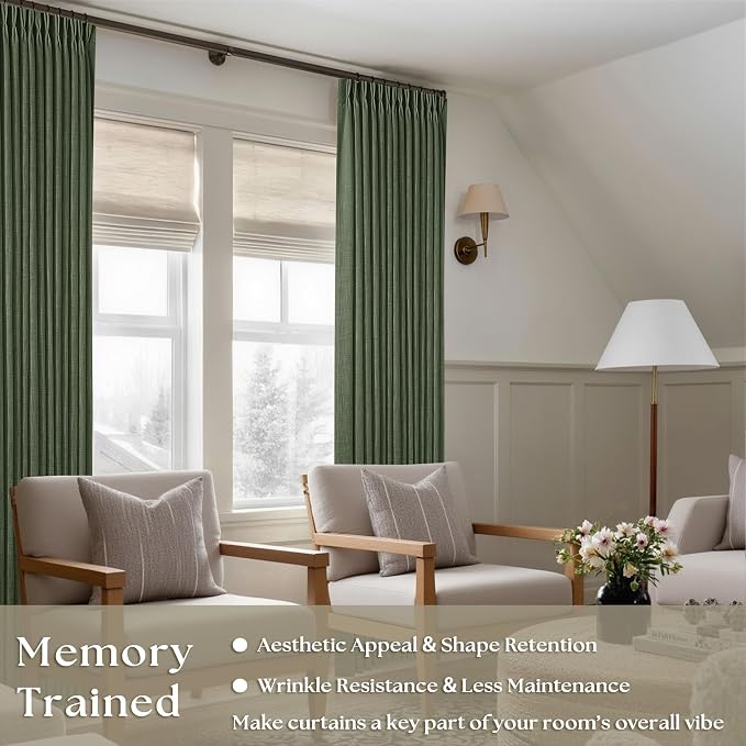 108 Inch Linen Memory Trained Pleated Curtains Olive Green - Image 2