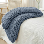Bigacogo Chunky Knit Throw Blanket for Couch, 40x60 inches, 100% Hand Knitted with Thick Jumbo Chenille Yarn, Cozy Soft Large Rope Knot Cable Crochet Blankets for Sofa Bed Living Room, Cold Sea Blue