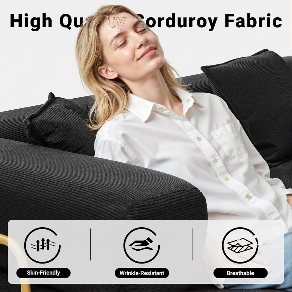 108" Oversized Convertible Sleeper Sofa Bed, Corduroy L Shape Sectional Couch, Folding Sofa Bed with Side Pocket, Modern Cloud Floor Mattress Couch, Modular Sofa for Living Room, Black