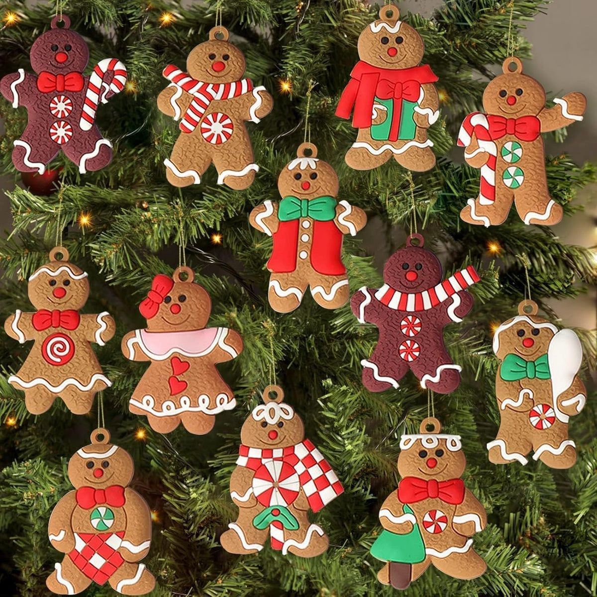 24pcs Gingerbread Man Ornaments for Christmas Tree, Assorted Gingerbread Figurines Ornaments, Christmas Tree Hanging Decorations, 3 Inch Tall