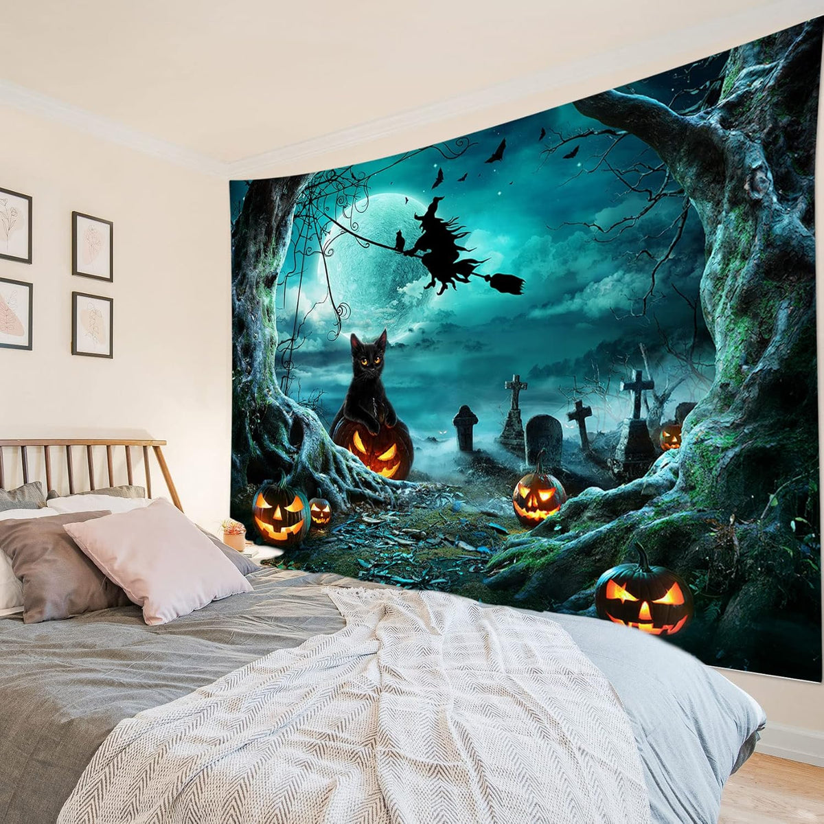 LB Halloween Tapestry Pumpkins Black Cat Dead Tree in Spooky Graveyard Full Moon Night with Witch Halloween Wall Hanging for Bedroom Living Room Dorm Decor 80x60 Inch