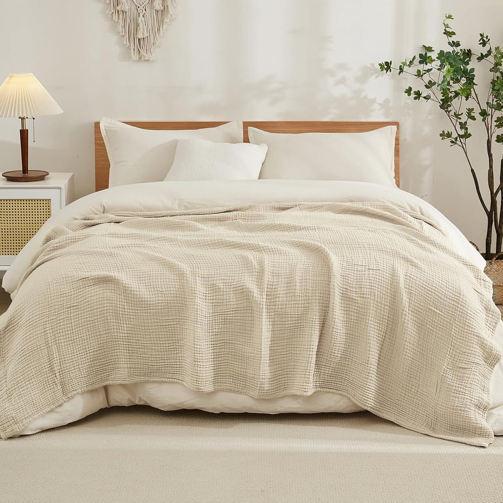 EMME Cotton Blanket King Size for Bed Soft Muslin Blankets 108"x90" Lightweight Breathable Layering Bedspread Coverlet All Season Gauze Blanket, Light Tan