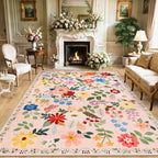 PLHXFR Area Rug 10x12 Living Room: Floral Washable Boho Soft Carpet Beige | by PLHXFRSoftAreaRugs