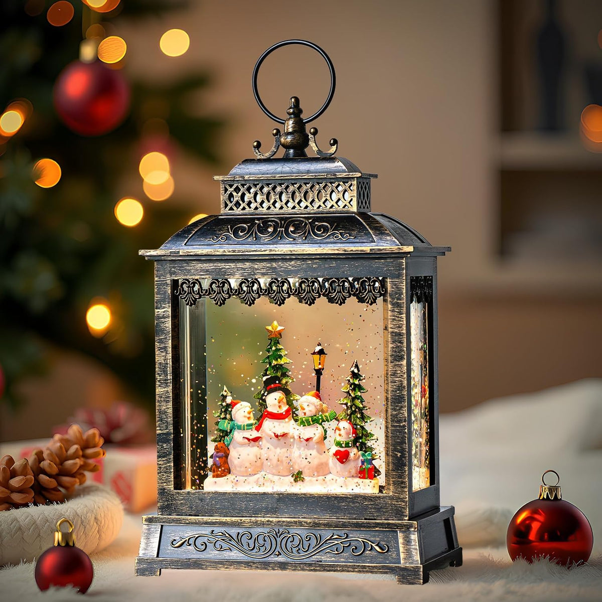 Christmas Snow Globes Lantern Christmas Snow Globe with Music Snowman Poetry,6H Timer,USB Lined/Battery Operated Lighted Lantern for Christmas Festival Decoration Gifts