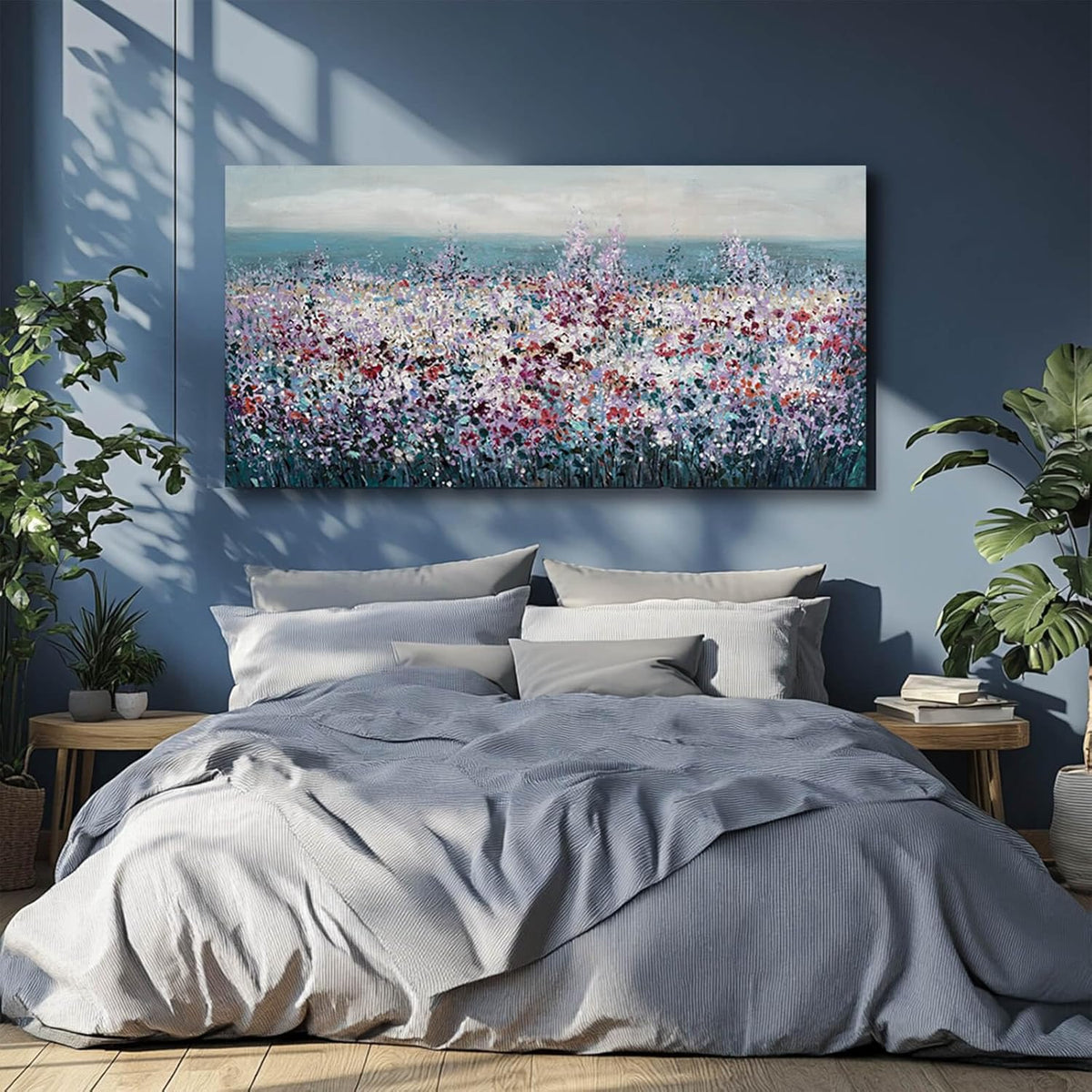 CHUDANHAO Blue Coastal Wall Art Colorful Wall Decor Flowers Canvas Prints for Office 29x58 Inch Large Landscape Painting for Living Room Bedroom