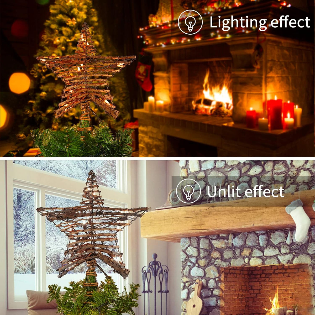 Rattan 3D Star Tree Topper - 12" Rustic Rattan Star with Built-in 10-Bulb String Lights for Christmas Tree Decoration