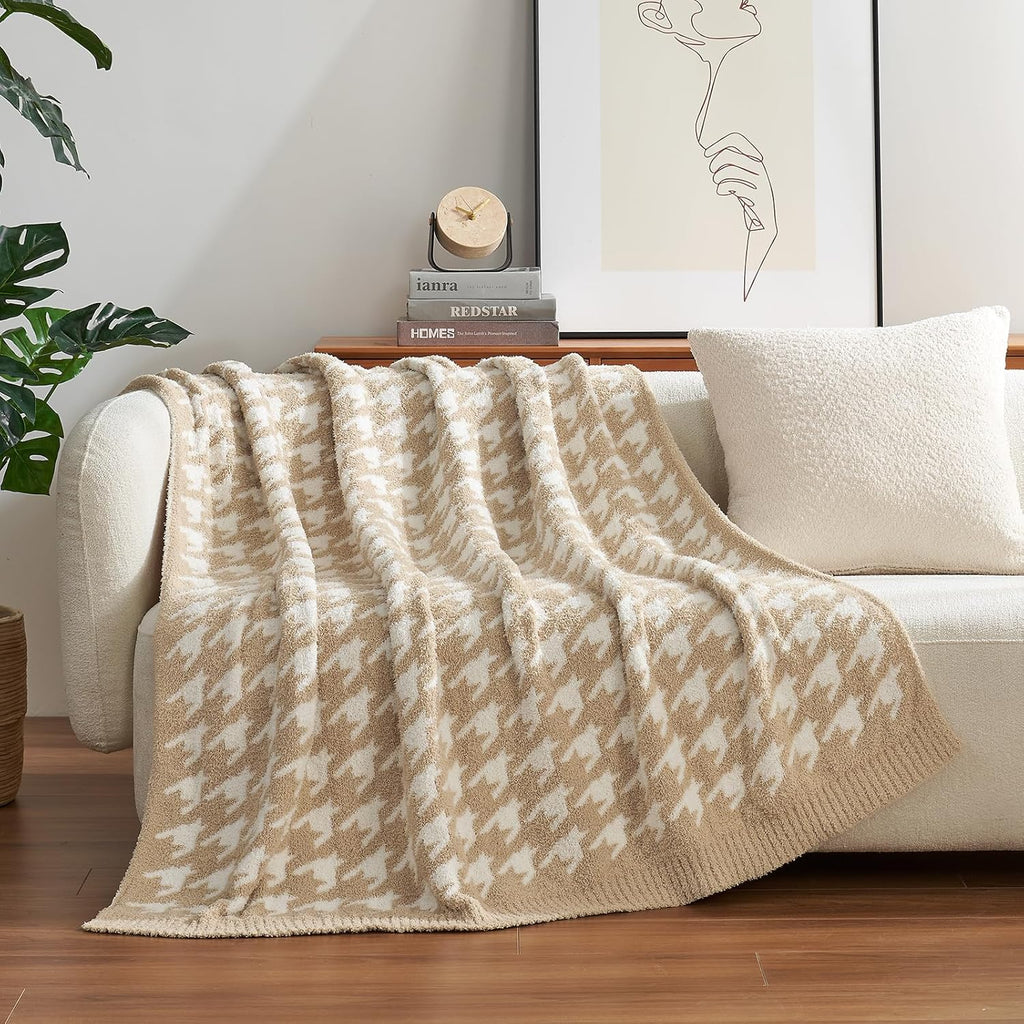 Snuggle Sac Throw Blanket for Couch, Reversible Super Soft Warm Blankets Cozy Knit Fuzzy Plush Lightweight Throws for Sofa, Bed, Camping,Houndstooth Beige,50x60 inches