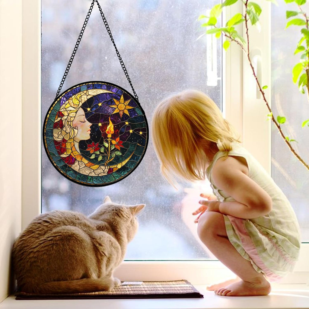 Stained Glass Window Hanging, Moon Goddess Torch Suncatcher Diamond Glass Panel Hangings Dream Sun Catchers Decor for Birthday for Women, Men, Wife, Aunt, and Mom 11.8x11.8 in