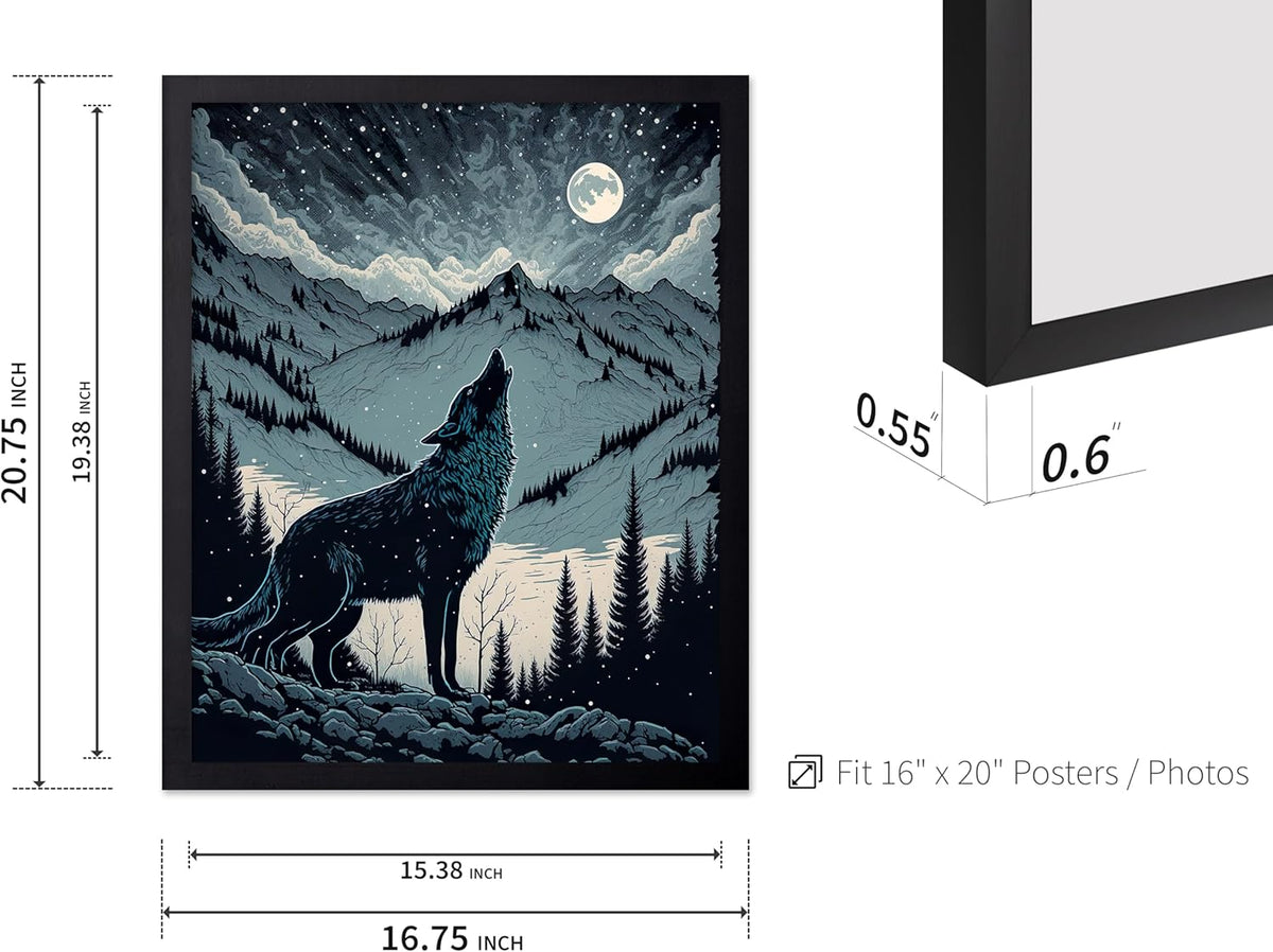 Poster Master Vintage Illustration Poster - Retro Animal Print - Gift for Artist, Friend - Wolf Howling at the Moon, Mountain, Snow, Landscape - Wall Decor for Home, Office, 16x20 Black Framed